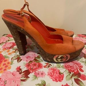 Orange Suede Gucci Sandals with Cork Heel